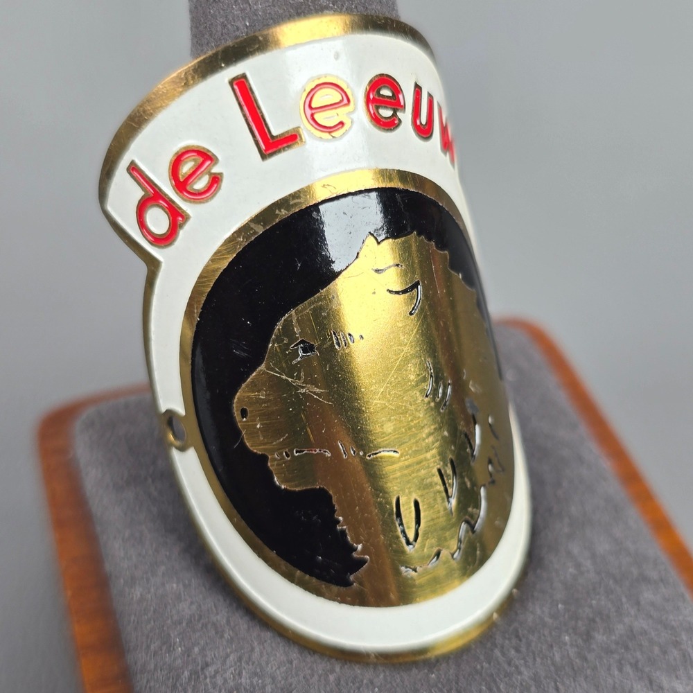 Vintage de Leeuw Bicycle Head Tube Badge Dutch Lion Emblem Gold White Red Metal